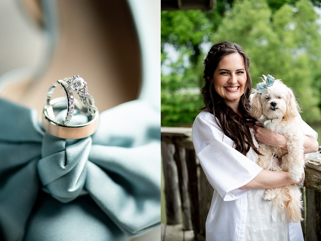 Bride wearing a white robe and holding her dog