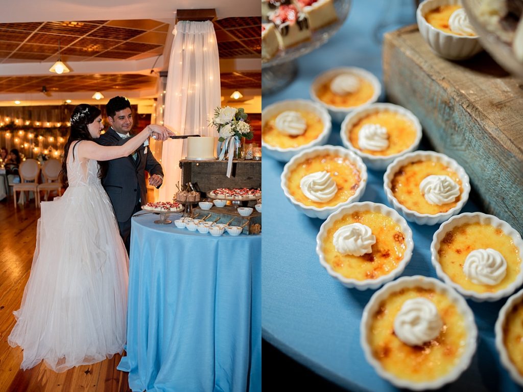 Couple cutting their wedding cake, mini creme brulee on the side