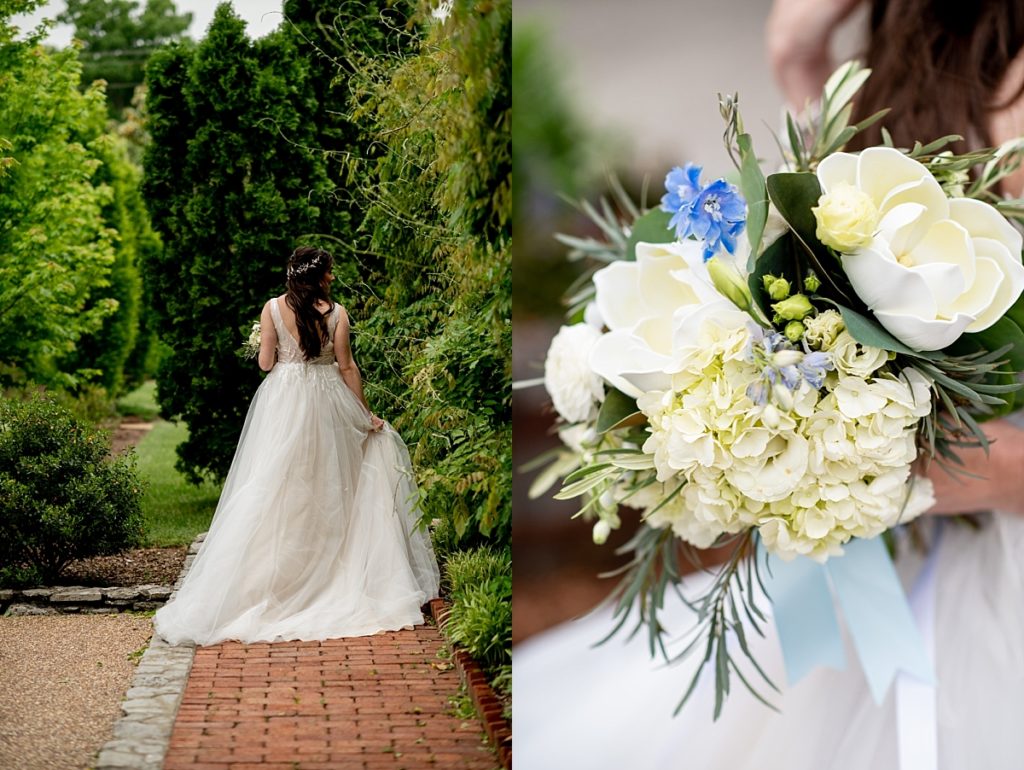 Bridal bouquet of Magnolias, hydrangeas, and pops of soft blue and greenery