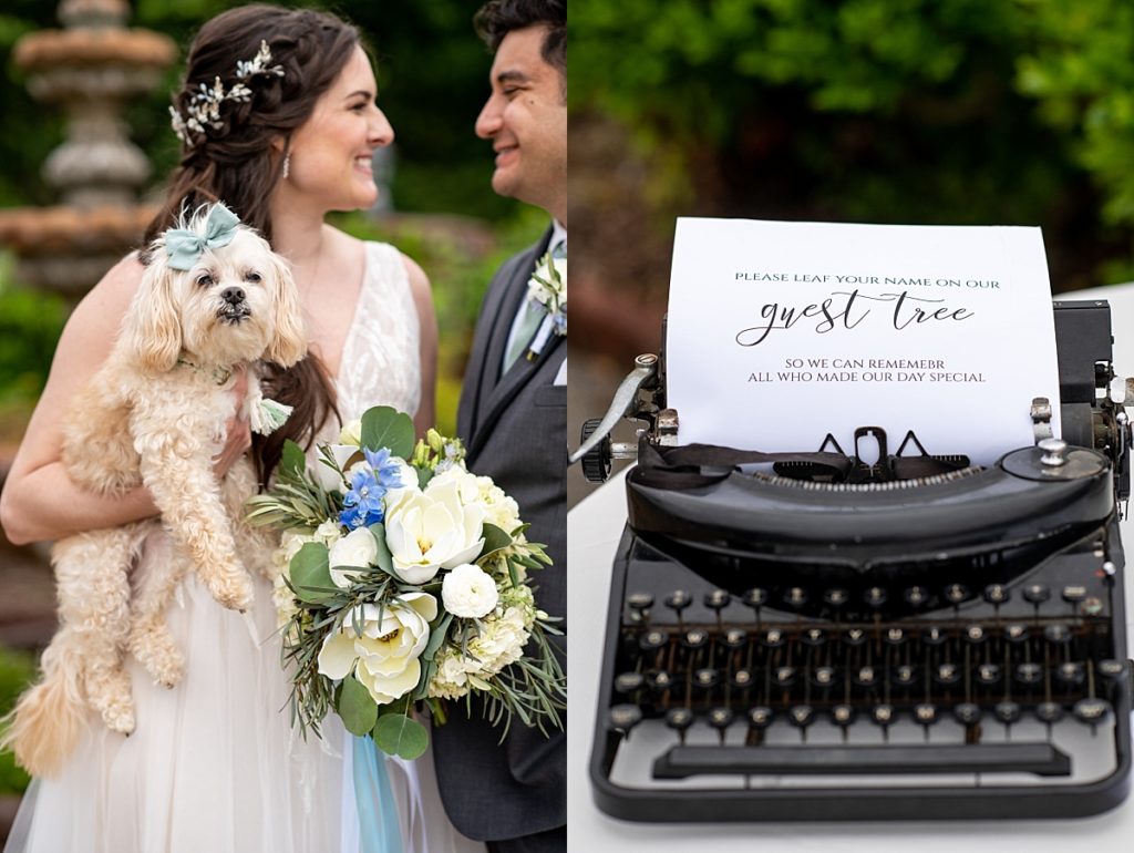 Cute typewriter guest book sign and couple holding their dog off to the side