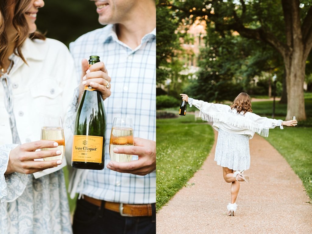 Bride dancing with a bottle of champagne at Vanderbilt during her engagement pictures while wearing a custom last name jacket with flair