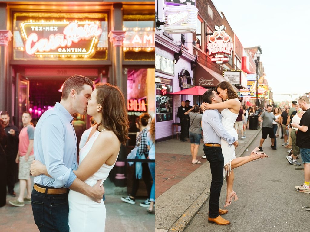 Engagement photos outside neon lights of bars on Broadway in Nashville