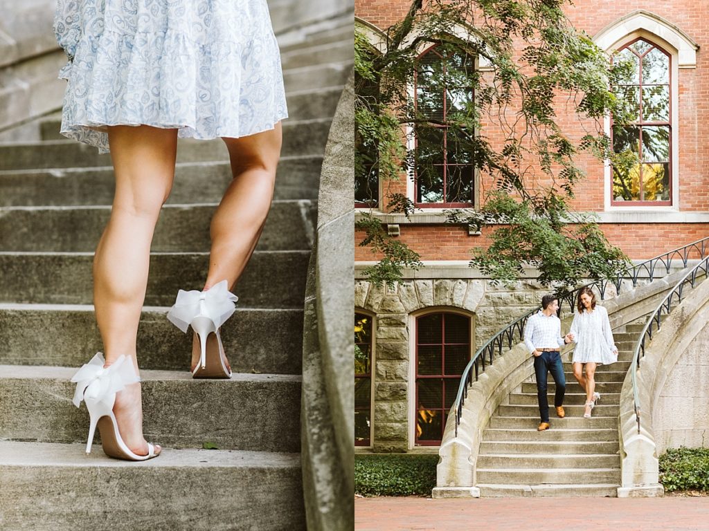 Engagement pictures of couple walking outside historic Nashville campus