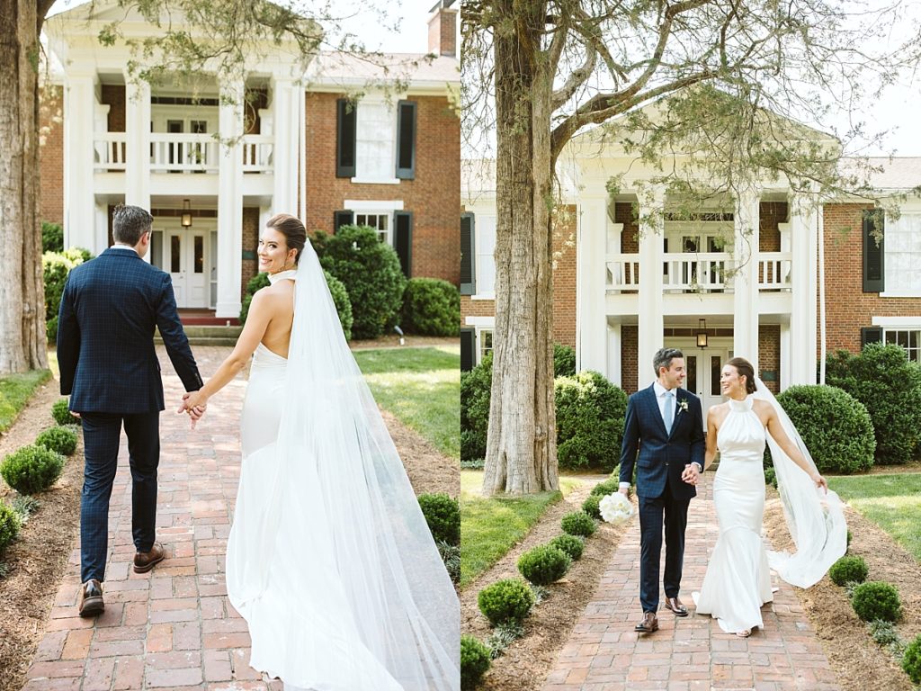 Couple walking together outside of the main house at Cedarmont Farm on their wedding day