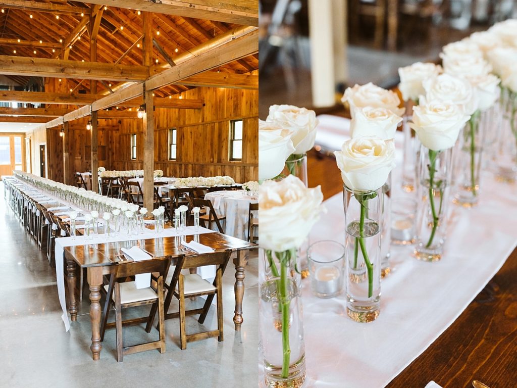 Bud vases with white roses on farmhouse tables