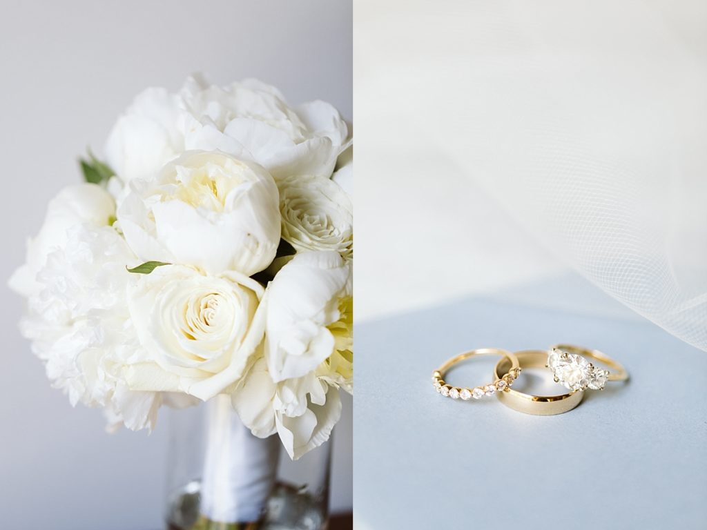 Brides bouquet and wedding rings
