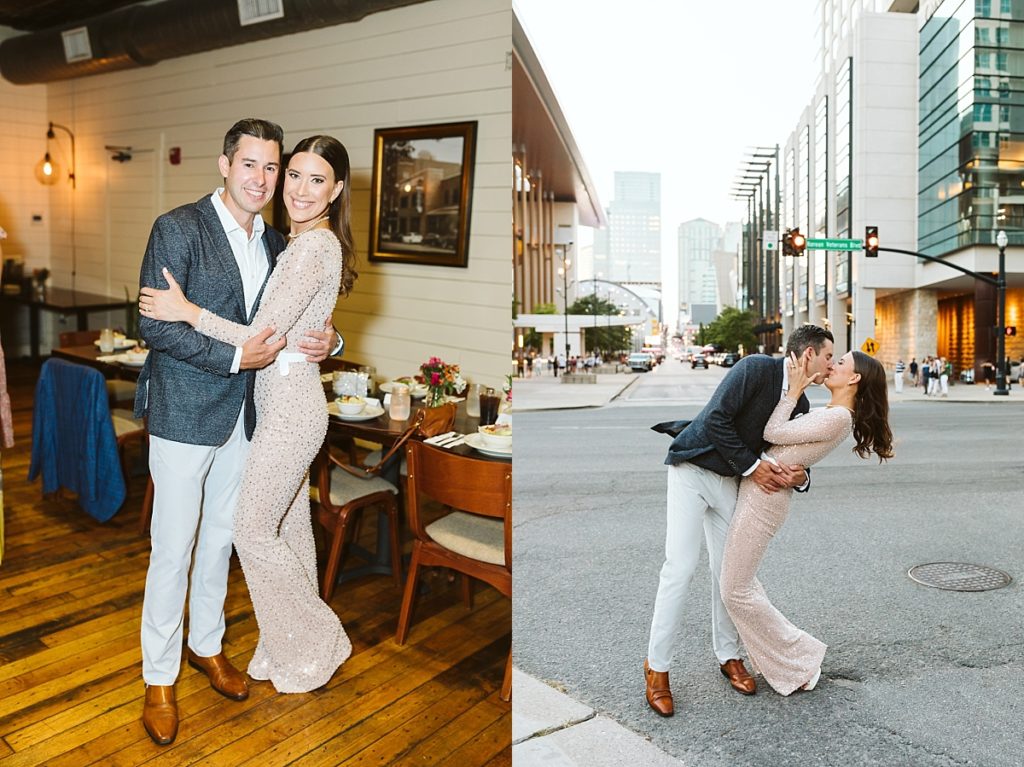 Couple portraits during wedding rehearsal in downtown Nashville