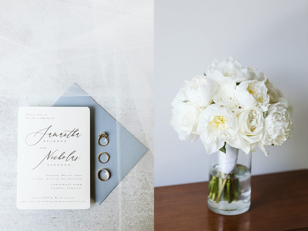 Classic modern wedding invitations with natural white flowers